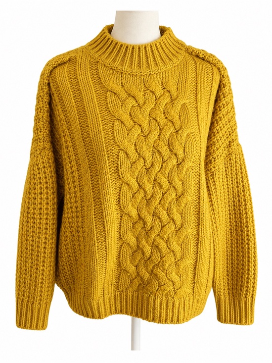 Sweaters - Chunky Cable Knit Sweater - Mustard Yellow